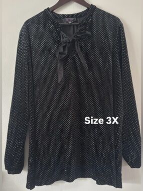 C wonder Black Velvet Bow-Neck Blouse with Silver Dot Print